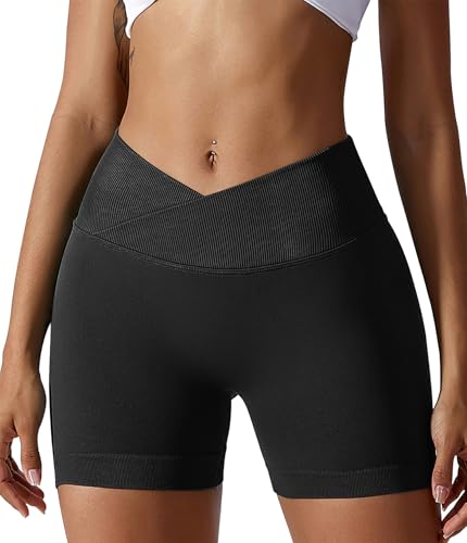 YOAKUKA Women Workout Shorts V Cross High Waist Yoga Shorts Sport Seamless Athletic Booty Scrunch Gym Shorts Black