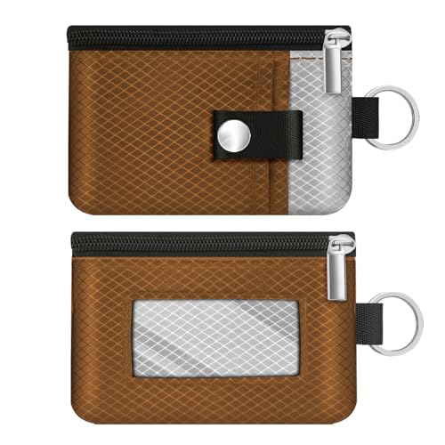 Image of Minimalist RFID Blocking Small Wallet with ID Window,WaterResistant Zip Id Case Wallet with Lanyard Keychain for Cards,Cash,Travel,Women,Men (Brown /Light Grey)