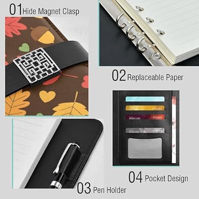 Autumn Leaves and Hearts Pattern PU Leather Notebook Binder A5 6 Ring Refillable Journal with Magnetic Buckle Closure Travel Planner Notebook Binder for Business Cards,Office,