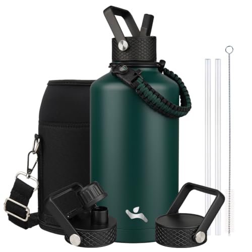 Image of Konokyo Insulated Water Bottle with Straw,87 oz 3 Lids Water Jug with Carrying Bag,Paracord Handle,Double Wall Vacuum Stainless Steel Metal Flask,Dark Green