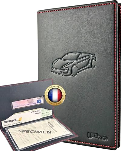 Ugozen Pochette Carte Grise Luxeo | Porte Papier Voiture Etui 3 Volets Cristal Inclus. Noir Sport