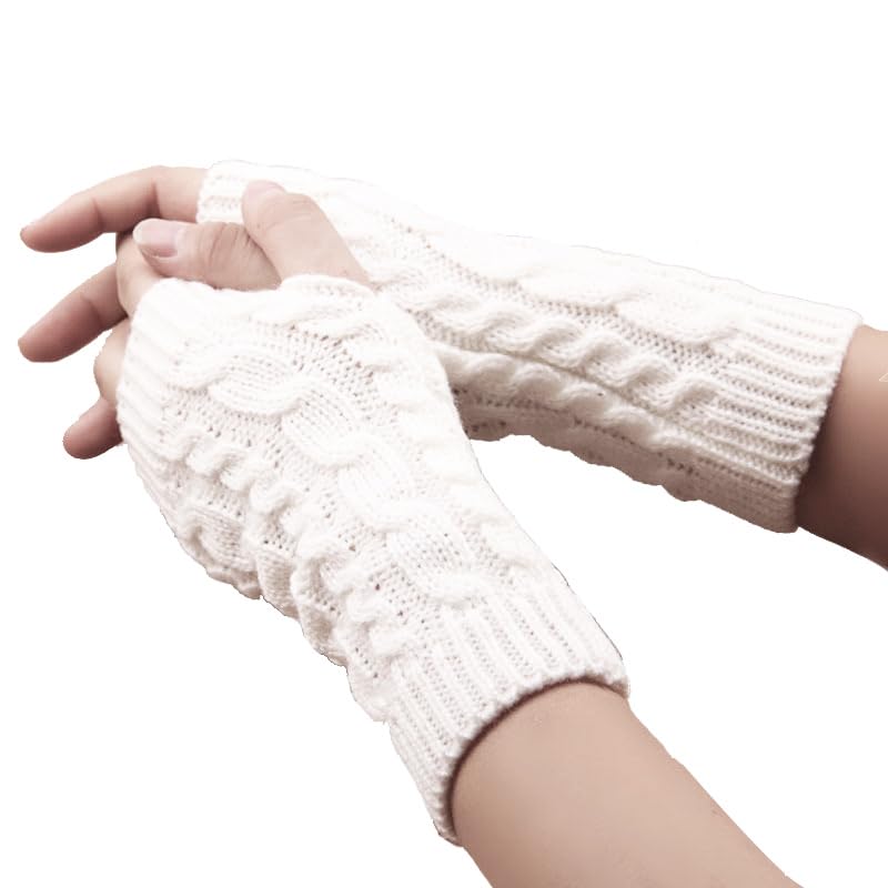 frackson White Self Design Knitted Woolen Warm Comfortable Fingerless Gloves Winter Accessories Hand Warmer for Women Girls-picture-19