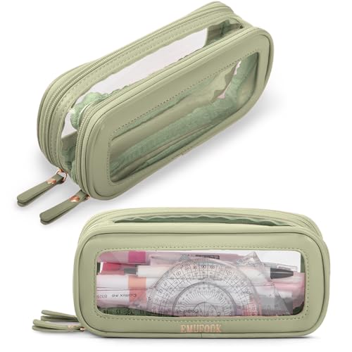 Image of EMUFOOK Clear Pencil Case Aesthetic Large Capacity Pencil Pouch With Zipper Simple Stationary Pencil Bag Transparent Pen Case for School Teen Girl Boy Multi-Purpose Bag for Office Men Women, Green