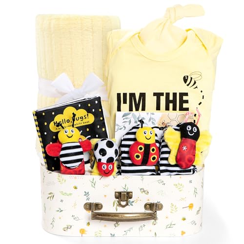 iAOVUEBY Baby Gift Set for Newborn, Bee Baby Shower Gifts Basket, High Contrast Baby Book Toys 0-6 Months Infant Rattle Socks Blanket Hat Onesie Baby Gifts Essentials for Girls Boys