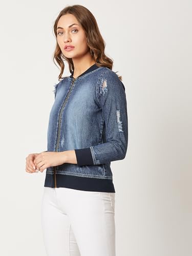 Image of Miss Chase Women's Polo Neck Full Sleeves Patch Pocket Denim Overcoat Knee-Length Jacket
