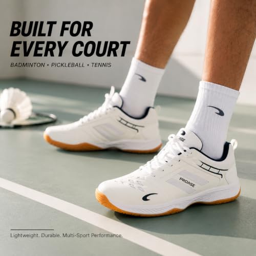 Image of Pro ASE Non-Marking Badminton Shoes - Lightweight & Durable, Perfect for Squash, Table Tennis, Pickleball & Indoor Sports | X-Cushion, Active Grip Sole, Toe Assist | Men, Women, Unisex | Blue,Black,White