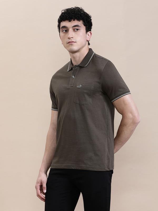 Image of CROCODILE Men Solid Slim Fit Polo T-Shirt | Regular Length | Short Sleeve | Button Placket | Casual Knitted Topwear