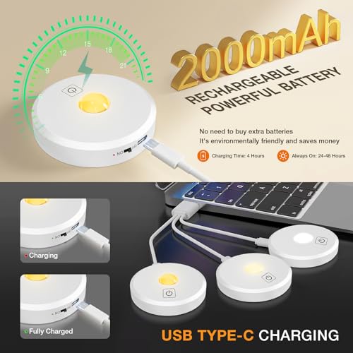 Image of Puck Lights with Remote Control Rechargeable,Wireless Under Cabinet Lighting,2000mAh Battery Operated Tap Push Touch Light,Stick On Lights for Counter,Shelf,Bookcase (White, 5 Pcs)