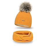 PaMaMi Damen 2 -teiliges Set Mütze mit einem Bommel, Loop-Schal | Honig | Gr. 55-58 cm | Gefütterte Webpelz-Bommel-Mütze und wärmender Loop-Schal in Grobstrick-Optik