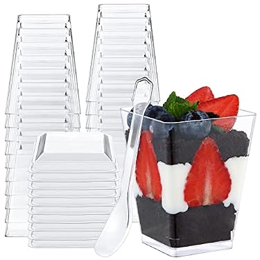 AMAZON - NEEBAKE 60 Sets 5oz Dessert Cups with Lids and Spoon – Parfait Cups with Lids Appetizer Cups for Party, Plastic Mini Dessert Cups with Spoons Clear Plastic Cups with Lids