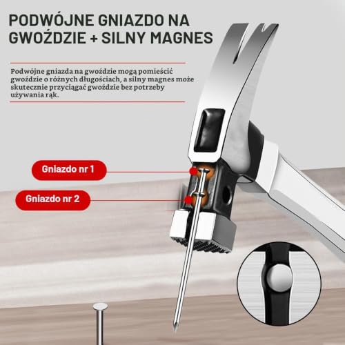 Uadme Młotek dachowy, magnetyczny młotek stolarski z uchwytem na gwoździe i gumowym antypoślizgowym uchwytem, młotek do ramy z kwadratową głowicą, do obróbki drewna, majsterkowania w sytuacjach