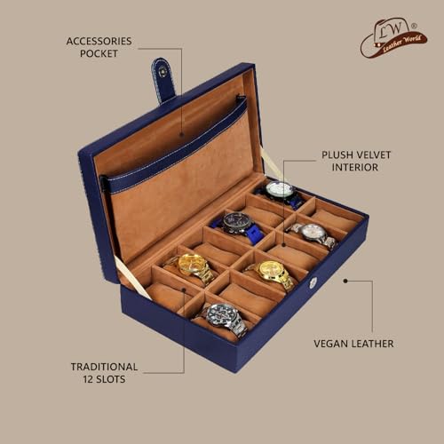 Image of Leather World Engineered Wood Watch Box Holder Organizer Case In 12 Slots Of Watches For Men And Women With Transparent Display (Blue)