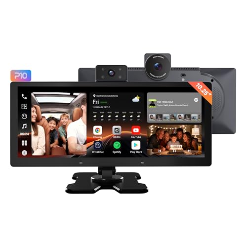 Image of P10 10.25 inch QLED Wireless CarPlay Screen for Car, Portable Display for Android Auto, Built-in 4G LTE, Parking Monitor, Remote Live View, Dual 1080P Dash Cam, ChatGPT & Gemini AI