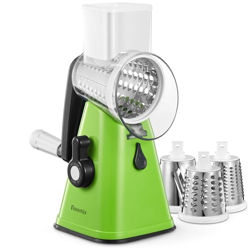 Rotary Cheese Grater, Reemix Rotary Vegetable Slicer, Rotary Kitchen Mandoline Vegetable Slicer with 3 Replaceable Stainless Steel Blades (Green) Rotary Cheese Grater, Reemix Rotary Vegetable Slicer, Rotary Kitchen Mandoline Vegetable Slicer with 3 Replaceable Stainless Steel Blades (Green)