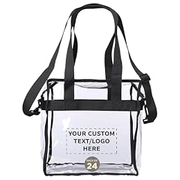 DISCOUNT PROMOS Custom Game Day Clear Tote Bags Set of 24, Personalized Bulk Pack - Stadium-Approved, Transparent, Game Day Essentials - Black