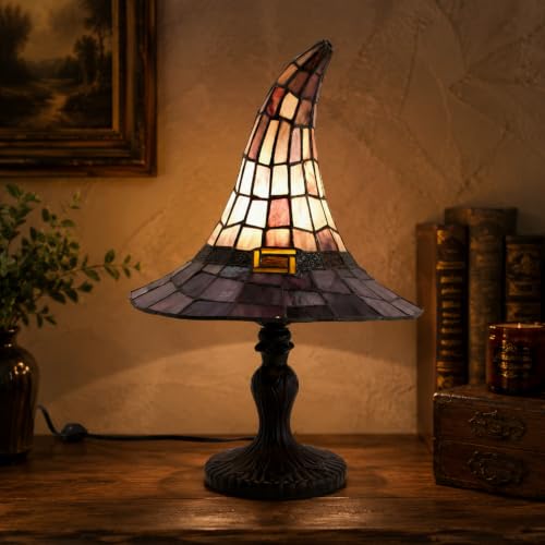 Stained Glass Style Witch Hat Lamp Vintage Halloween Table Decor Night Light Handcrafted Resin Gothic Wizard Accent Lamp for Bedroom Bookshelf and Witchy Room Aesthetics (Small Size)