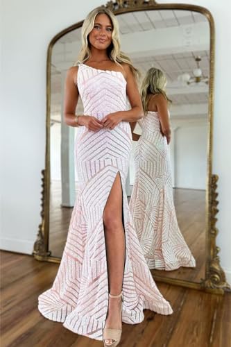 One Shoulder Mermaid Sequin Prom Dresses for Women Long Formal Evening Gown with Slit4