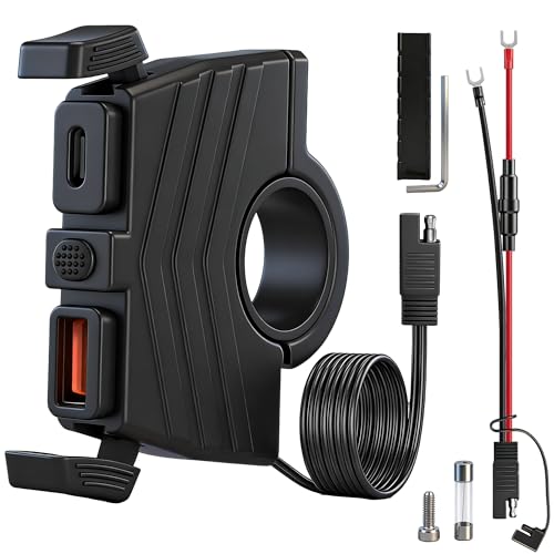 Motorcycle USB Charger: PD Type C 30W & QC 3.0 18W USB Motorcycle Phone Charger Waterproof with ON/Off Switch, 10A Fuse SAE to USB Adapter 12-24V DC Quick Charge for Phone, Tablet, GPS