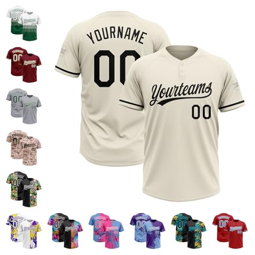 Plain Blank Baseball Jersey Cream Black for Unisex Adults Teens, Custom Men Women Softball Uniform Two Button Pullover Shirts for Team Family Couples, Personalized Hip Hop Hipster Sports Fan T-Shirts