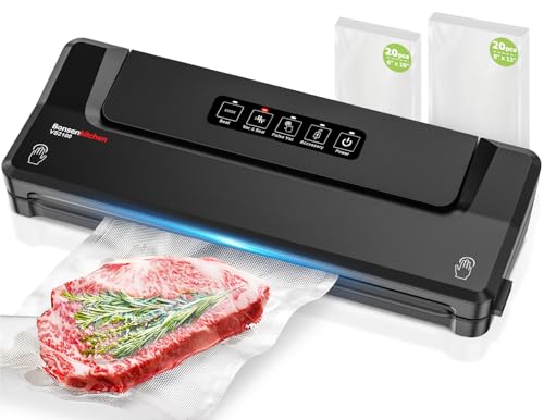 Bonsenkitchen Vacuum Sealer Machine with 40 Bags | Compact Food Sealer for Kitchen Storage & Meal Prep | Multiple Modes | External Vacuum System, Black
