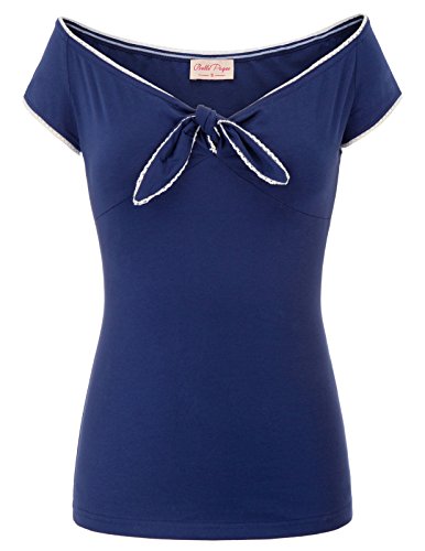 Belle Poque Women's Off Shoulder Tops Short Sleeve Bow-Knot Tee Shirts Navy Blue