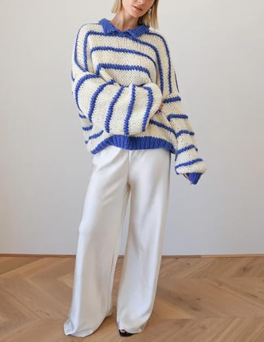 Lentta Womens Striped Sweater Crewneck Drop Shoulder Long Balloon Sleeve Oversized Knit Pullover(Blue-S) — view 2