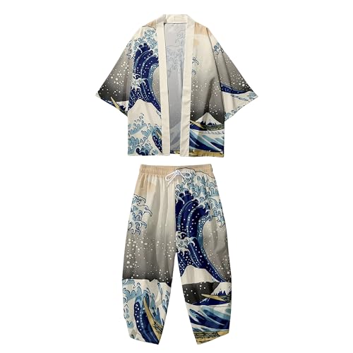 Image of DOSLAVIDA Men's Japanese Kimono Jacket Set Stylish Open Front Coat With Shorts Chinese Style Printed Cardigan Suit