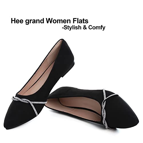 Hee Grand Pointed Toe Ballet Flats For Women Suede Rhinestones Chains Black Dress Shoes Comfort Slip-On Loafers,Black 7.5 #TOP4