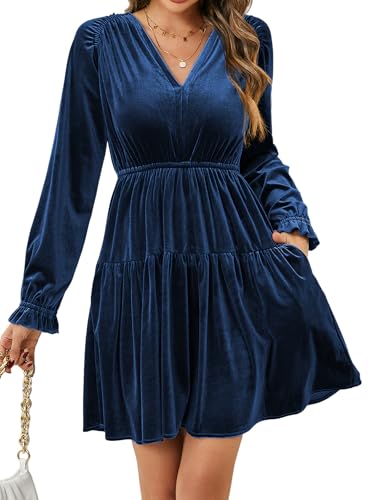 R.Vivimos Womens Fall Velvet Mini Dress V Neck Long Sleeve Elastic Waist Winter Tiered Flowy Swing A-Line Dress with Pockets (X-Large, Navy Blue)
