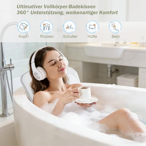 Badewannenkissen Ganzkörper (133 * 40cm), Badkissen mit 192 Saugnäpfen, 5D Air Mesh badewannenmatte, badewannenmatte mit Lendenstütze und Aufhängehaken, lässt Sich schnell trocknen