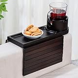 Couch Cup Holder for Armrests Over 4.9' Wide, Bamboo Couch Arm Tray with 360° Rotating Phone Stand, 3 in 1 Foldable Sofa Arm Tray Table for Remote, Snacks, Phone, Drinks Walnut