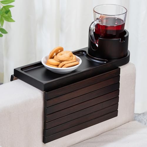 Bamboo Couch Arm Tray with Rotating Phone Stand 3-in-1