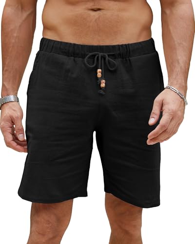 LVCBL Kurze Hosen Herren Leinen Bermuda Hose Sommer Strand Leicht Shorts Schwarz XL