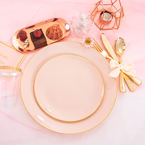 Liyh 180Pcs Pink Plastic Plates & Gold Plastic Dinnerware Set-Include 30 Pink Easter Plates,30 Pink Dessert Plates,30 Forks,30 Knives,30 Spoons-Perfect For Easter Day And Mother's Day #TOP3