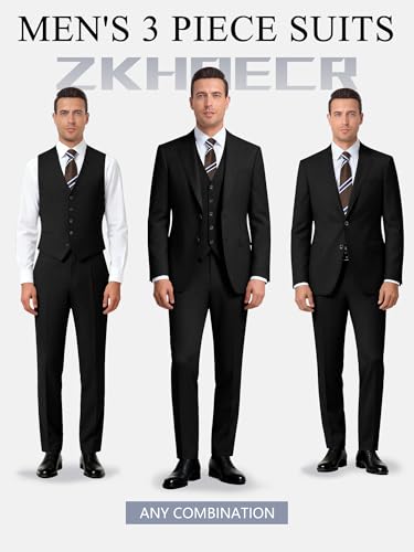 Image of Men's 3 Piece Slim Fit Suit Set, Two Button Blazer Solid Jacket Vest Pants Wedding Business Suit