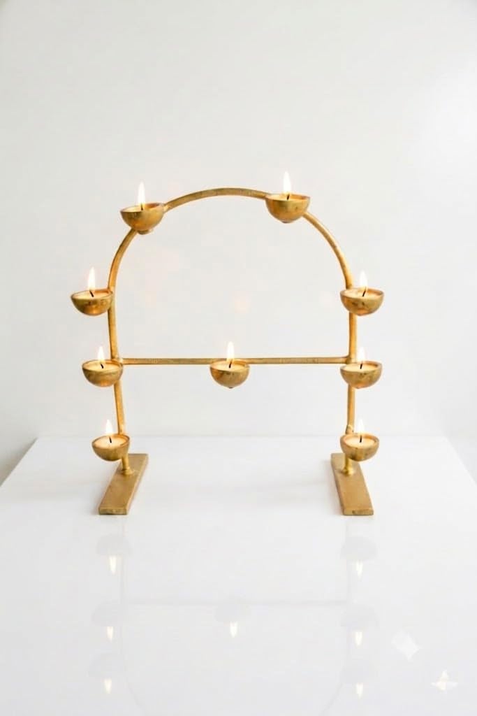 Handcrafted Iron 9 Diya Stand with Golden Coating | Elegant Deepam Arch Design for Temple, Pooja & Festive Décor deep mala lamp Stand for Marriage Decoration-image-1