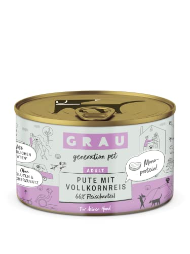 GRAU – das Original – Nassfutter für Hunde - Pute mit Vollkornreis, 6er Pack (6 x 200 g), Monoprotein, glutenfrei, für Erwachsene Hunde