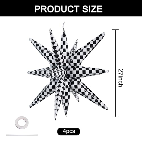 Image of TONIFUL 4 Pcs Checkered Explosion Star Balloons Race Car Themed Party Decor | 22 Inch Large Mylar Star Balloon for Fast Checkered Flag Party Decor Birthday Baby Shower Photo Booth Supplies for Boys Mens