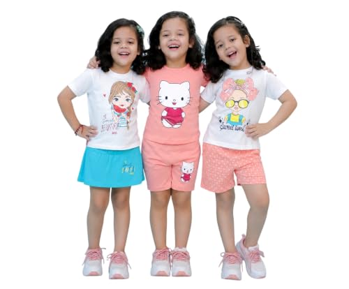 Image of Chandrika Kids Cotton Coordinated Set Pack of 3 half Sleeve And sleeveless T-Shirts & Shorts and skirt Baby Girls Summer Dress Combo