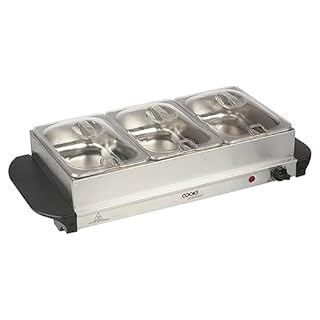 Cooks Professional 3-Section Buffet Warmer 4.5 Litre (3 x 1.5L) Capacity with Hotplate Function & Adjustable Temperature Control Dial | 200W Portable Electric Food Serving Tray | Silver