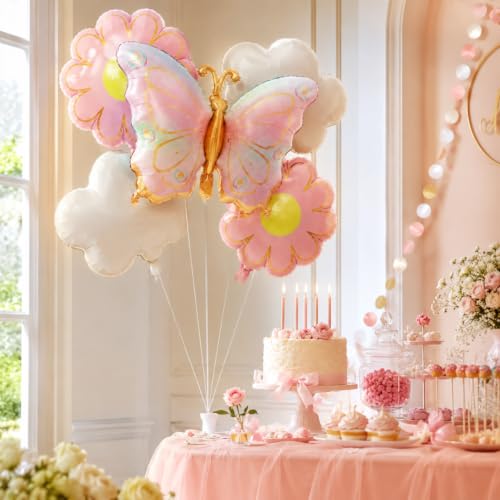Image of Wanna Party Pastel Butterfly Foil Balloon Set of 5, Butterfly, Pink Daisy Flower and White Cloud Balloons for Birthday, Baby Shower, Newborn Welcome & Garden Theme Party Decoration