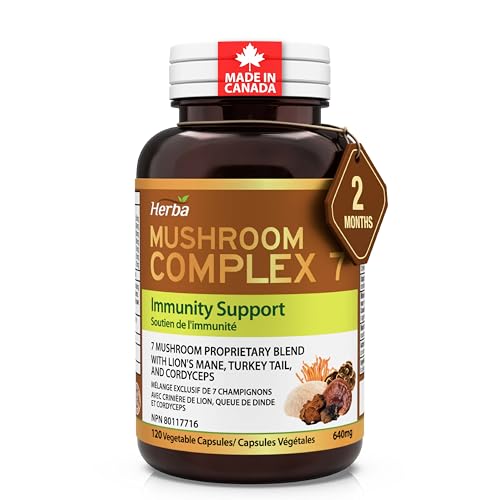 Herba Mushroom Complex with Lions Mane Supplement – 7 Mushroom Blend with Reishi, Chaga, Cordyceps, Turkey Tail, Maitake, Shiitake, and Lion’s Mane | Immune Support Supplement | 120 Vegetable Capsules | Made in Canada