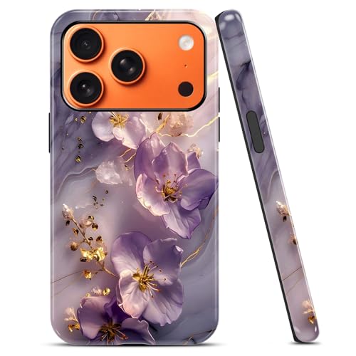 Coque iPhone 17 Pro Max en marbre violet rétro avec lignes dorées élégantes et double protection