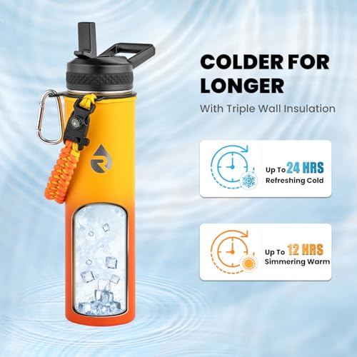 Image of RAYMYLO Insulated Water Bottle 24 oz, Triple Wall Vacuum Stainless Steel (Cold for 24Hrs, Hot for 12Hrs), Leak Proof & Non-BPA, Modern Water Flask Jug with Paracord Handle & Straw Spout Lids