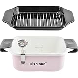 WISH SUN あげもの鍋 ホーロー てんぷら鍋 IH対応 角型 揚げ物鍋 天ぷら鍋 角型 温度計 揚げ網 バット 付き 四角 深型 省油タイプ TOMATEC釉薬使用 (ピンク)