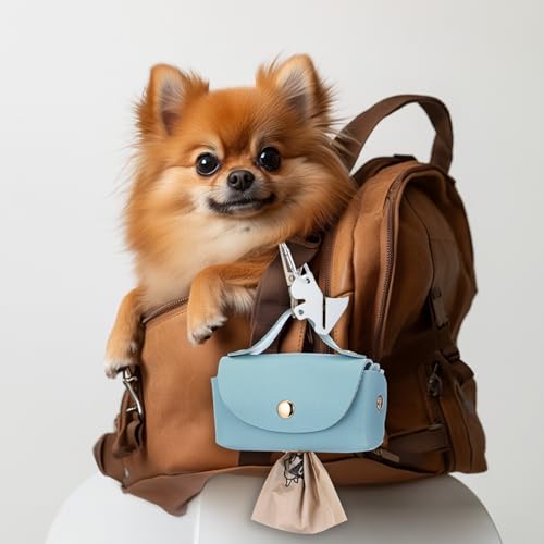 Image of Affrolling 5 Pcs Leather Dog Poop Bag Holder Christmas Include 45 Scented Poop Bags Dispenser Cute for Travel Walking Dog Park and Outdoor Use(Sky Blue)