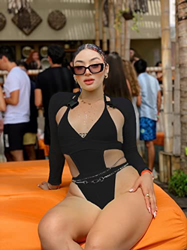 Rave Outfits For Women - Festival Neon Bodysuit Concert Swimsuit Mesh Buckle Crop Top Club Party Bikini 2 Pcs Set(Black,M,1017A) #TOP1