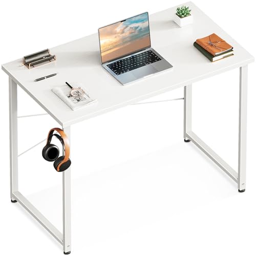 Casaottima 32 Inch Small Computer Desk for Home Office, Study Writing Table for Small Spaces, Simple Modern Desk with Headphone Hooks, Pure White