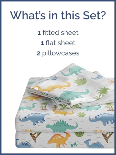 Image of Kids Queen Roaring Dinos Bed Sheets - 4 Piece Kids Roaring Dinos Sheet Set | Roaring Dinos Themed Bedding, Ultra-Soft, Cute & Cozy, Breathable & Machine Washable, Bed Set for Boys, Girls & Teens, Comfy