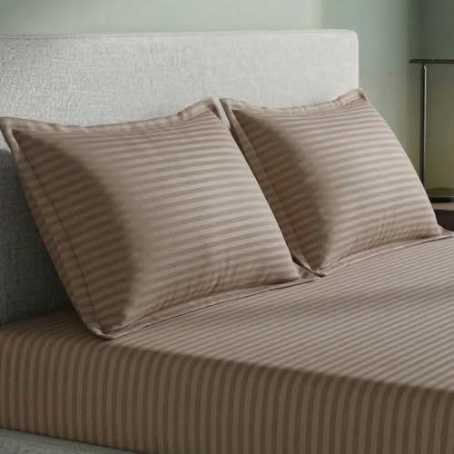 Image of Home Sizzler Microfibre Beige Satin Stripe Double Bedsheet with 2 King Size Pillow Covers